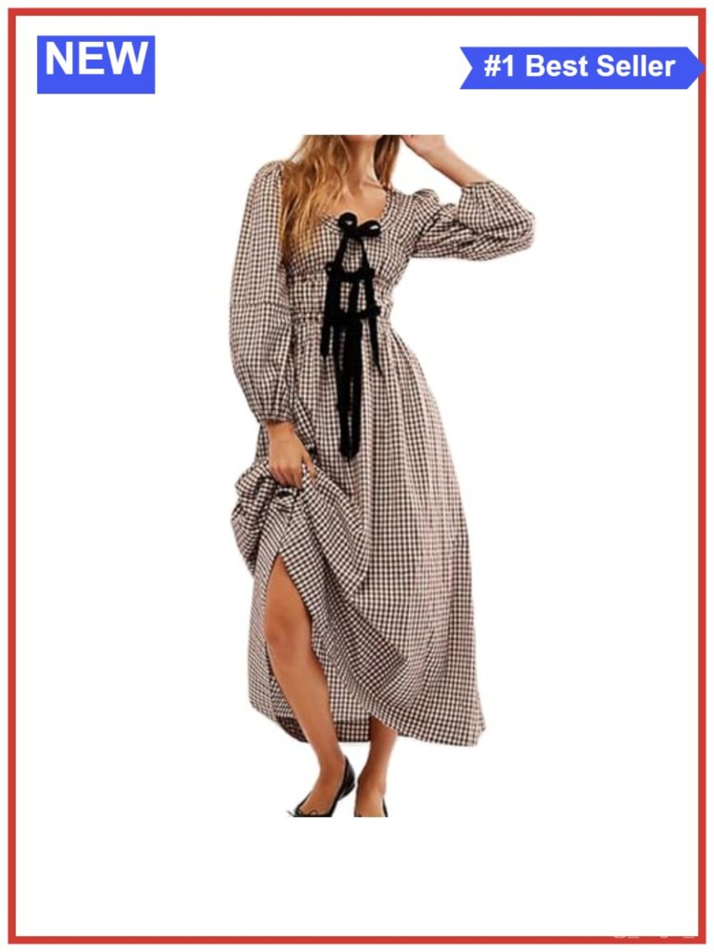 Plaid Maxi Dress Long Lantern Sleeve Square Neck Bow Tie Cottagecore
